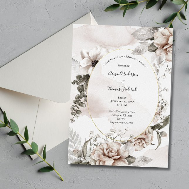 Floral Blush Pink Grey Elegant Rehearsal Dinner Invitation (Blush Pink Gray Floral Elegant Wedding Rehearsal Dinner Invitation)
