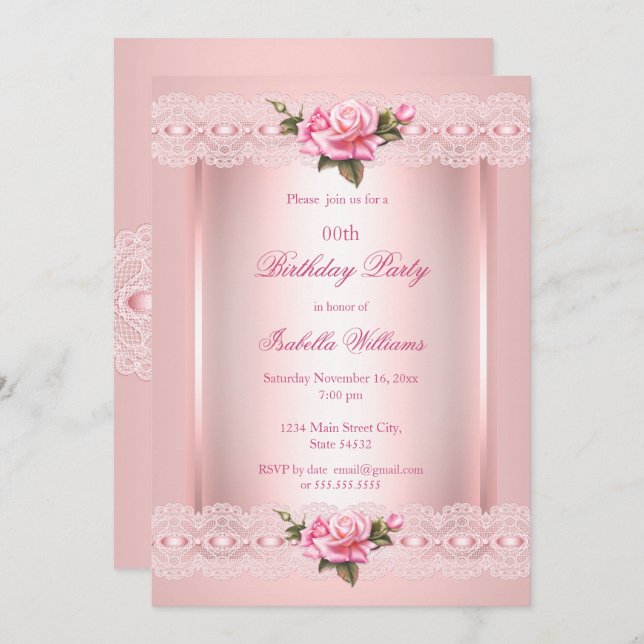 Floral blush Pink lace roses Birthday Party Invitation (Front/Back)