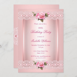 Floral blush Pink lace roses Birthday Party Invitation