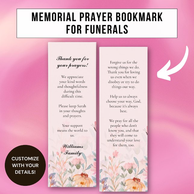 Floral Blush Pink Memorial Prayer Card Bookmark (Creator Uploaded)