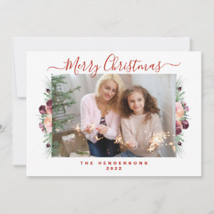 Floral Blush-Pink Merry Christmas Photo  Holiday Card