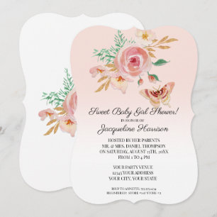 Floral Blush Pink Modern Gold Butterfly Baby Girl Invitation