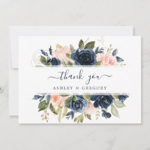 Floral Blush Pink & Navy Frame Elegant Thank You Card