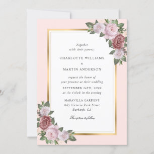 Floral Blush Pink Peach Gold Frame Rustic Wedding Invitation