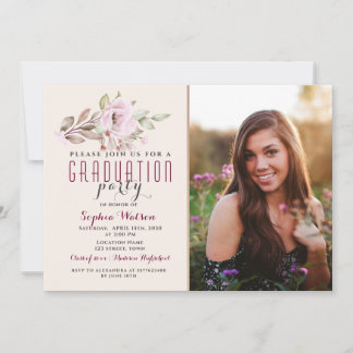 Floral Blush Pink Photo Graduation Invitation