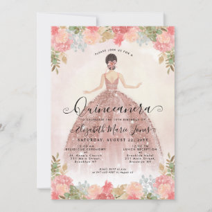 Floral Blush Pink Princess Birthday Quinceanera Invitation