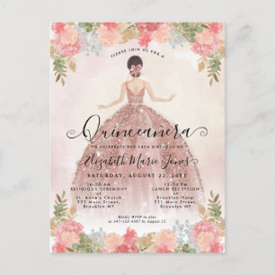 Floral Blush Pink Princess Birthday Quinceanera Invitation Postcard