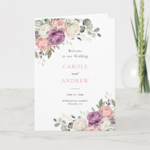 Floral Blush Pink Purple Greenery Folded Wedding Program