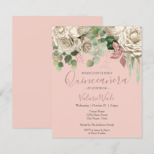 Floral Blush Pink Quinceanera Budget Invitation
