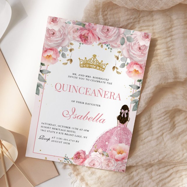 Floral Blush Pink Quinceanera Gold Princess Invitation (Creator Uploaded)