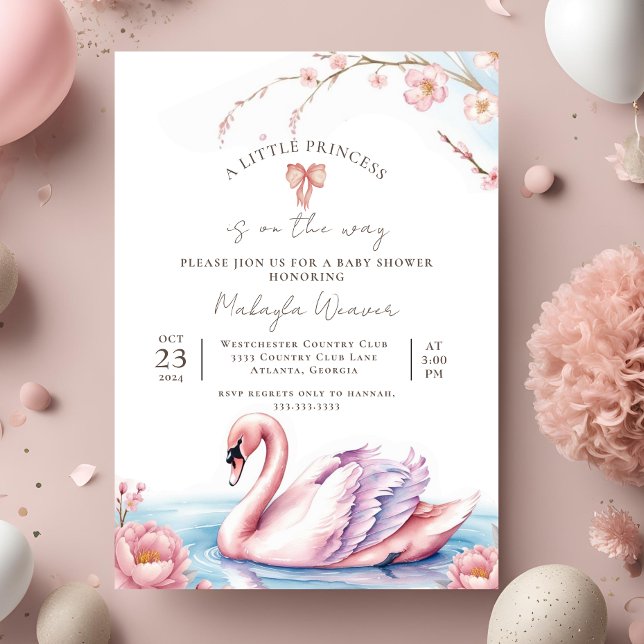 Floral Blush Pink Ribbon Swan Gold Baby Shower Invitation (Creator Uploaded)