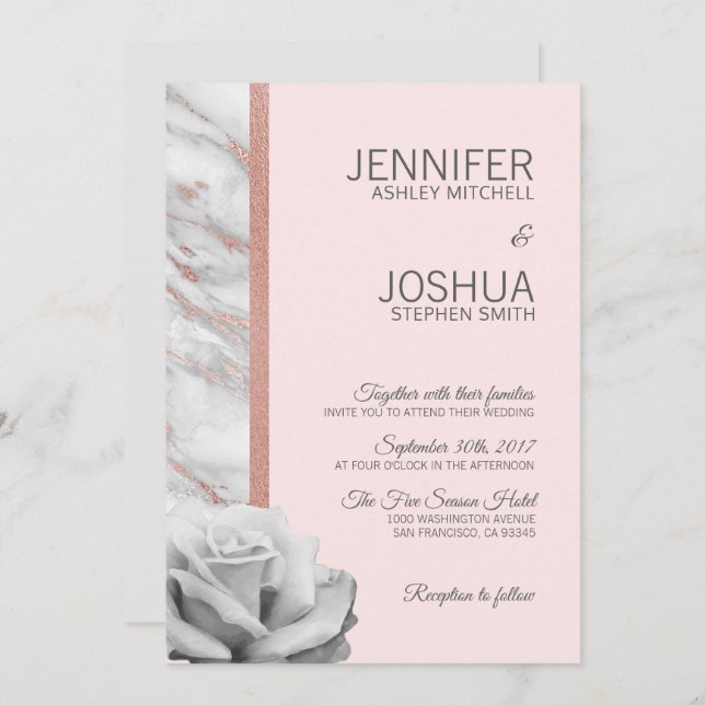 Floral Blush Pink Rose Gold Foil Grey Wedding Invitation (Front/Back)