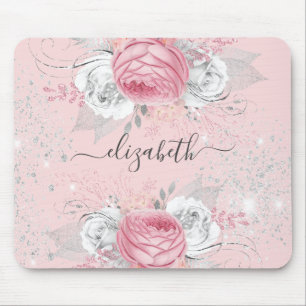 Floral blush pink silver foliage monogram stylish mouse pad
