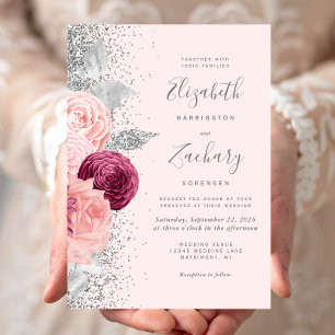 Floral Blush Pink Silver Glitter Burgundy Wedding Invitation