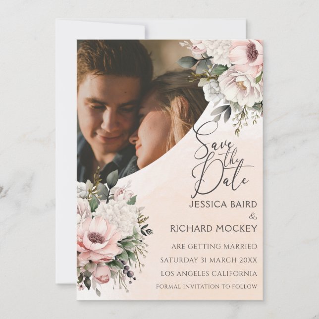 Floral Blush Pink Wedding Photo Save the Date Card (Front)