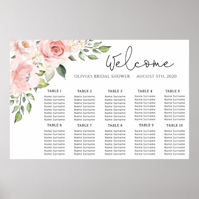Floral blush pink wedding seating chart (Front)