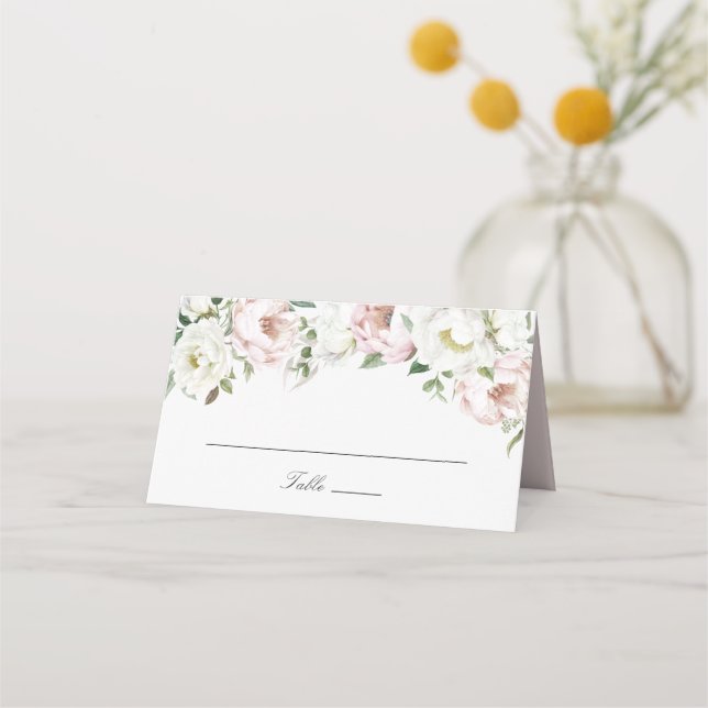 Floral Blush Pink White Peonies Elegant Place Card (Front)