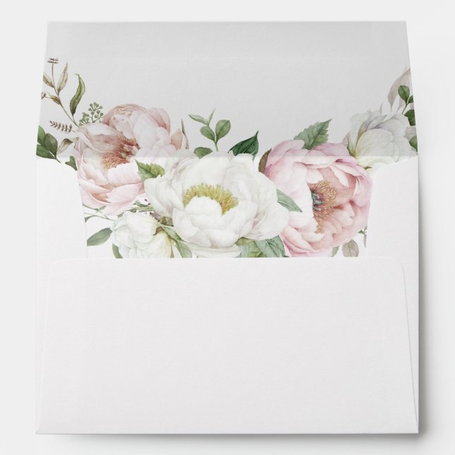 Floral Blush Pink White Peony Wedding Envelope (Back (Bottom))