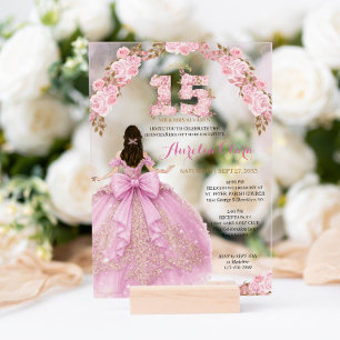 Floral Blush Princess Dress Coquette Quinceanera Acrylic Invitations