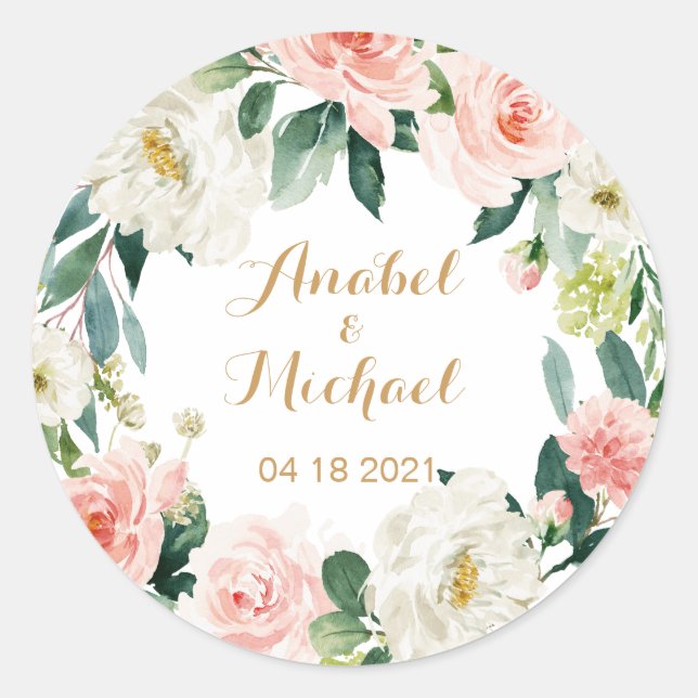 Floral Blush Romantic Personalised Classic Round Sticker (Front)