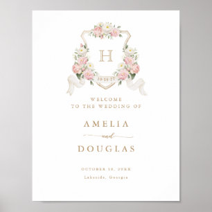Floral Blush Roses Crest Monogram Welcome Sign