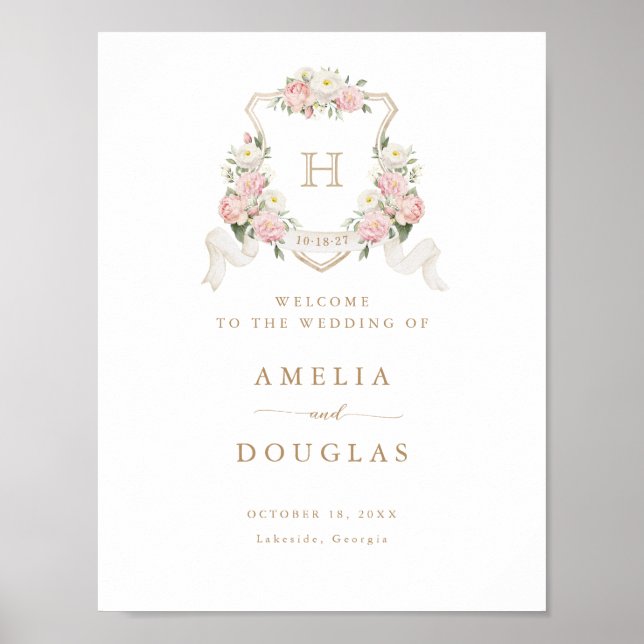 Floral Blush Roses Crest Monogram Welcome Sign (Front)