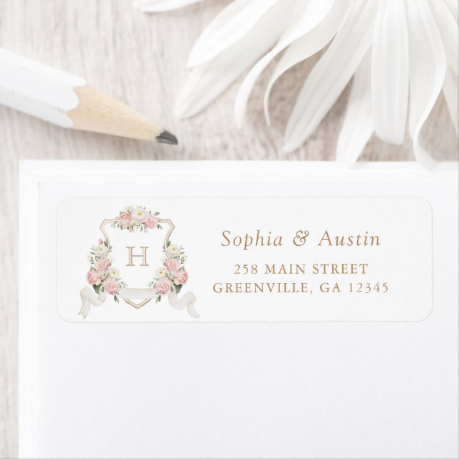 Floral Blush Roses Wedding Crest Return Address Label (Insitu)
