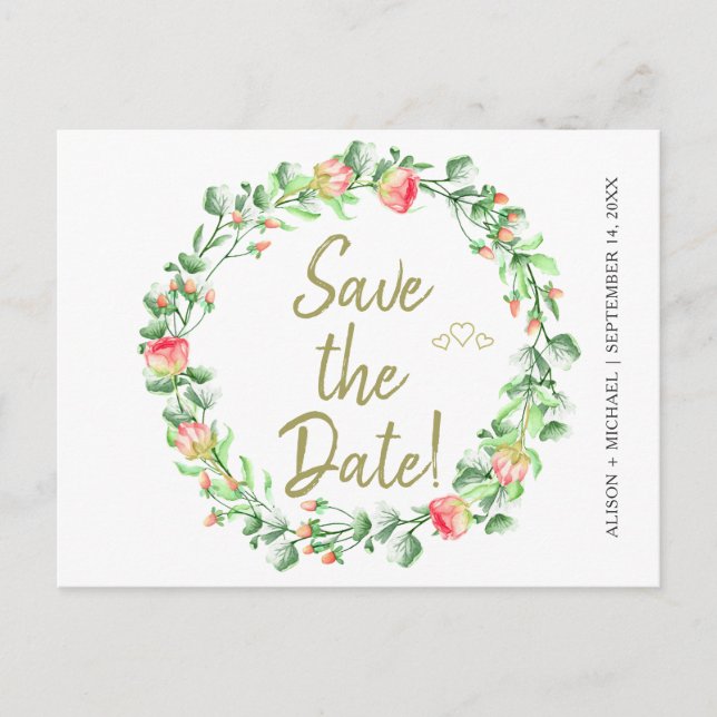 Floral blush sage garden wreath wedding save date announcement postcard (Front)