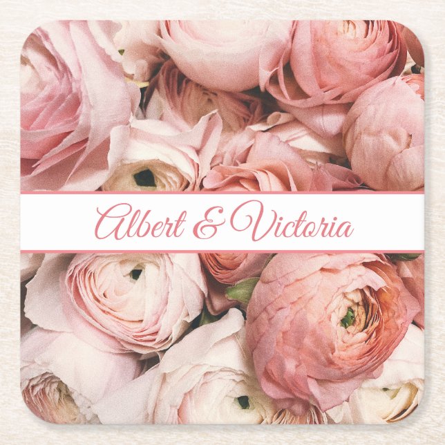 Floral Blush Square Paper Coaster (Front)