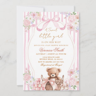 Floral Blush Stripe Pink Bow Bear Baby Shower  Invitation