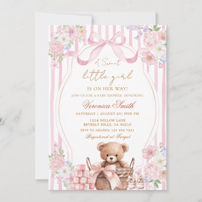 Floral Blush Stripe Pink Bow Bear Baby Shower  Invitation (Front)