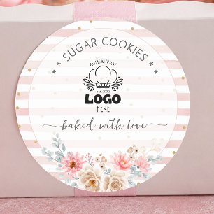 Floral Blush stripes custom Bakery logo Classic Round Sticker