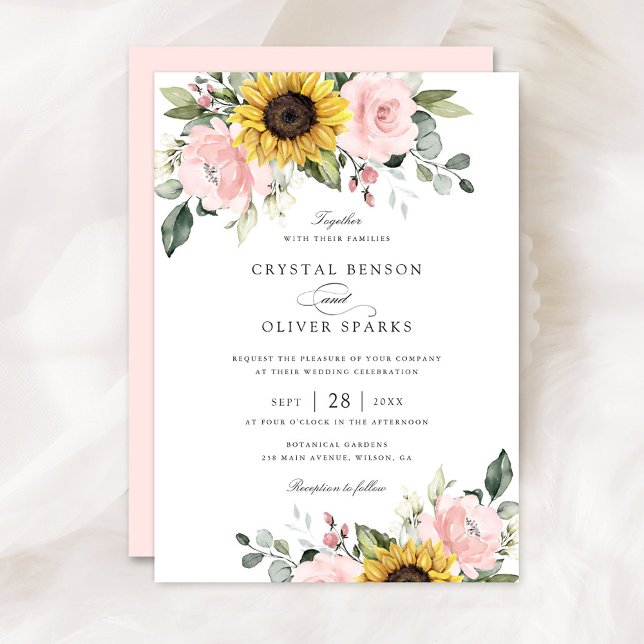 Floral Blush Sunflowers Greenery Elegant Wedding Invitation (Creator Uploaded)