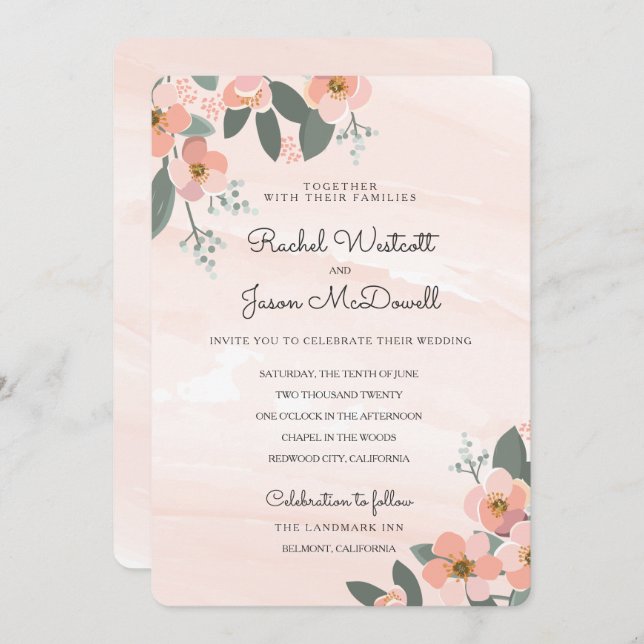 Floral Blush Wedding Suite | Watercolor Wash Invitation (Front/Back)