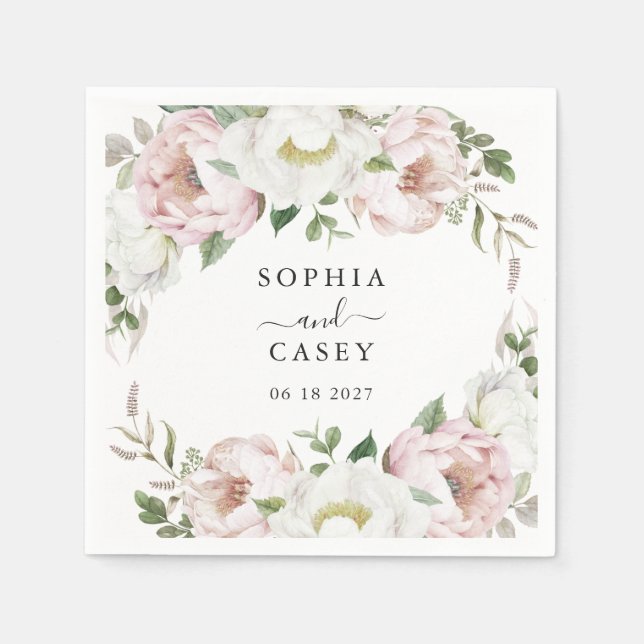 Floral Blush White Greenery Personalised Wedding Napkin (Front)