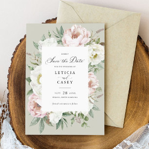 Floral Blush White Peonies Wedding Save the Date Invitation