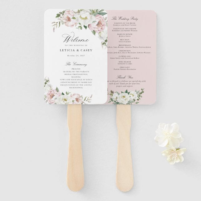 Floral Blush White Peony Elegant Wedding Program Hand Fan (Front and Back)