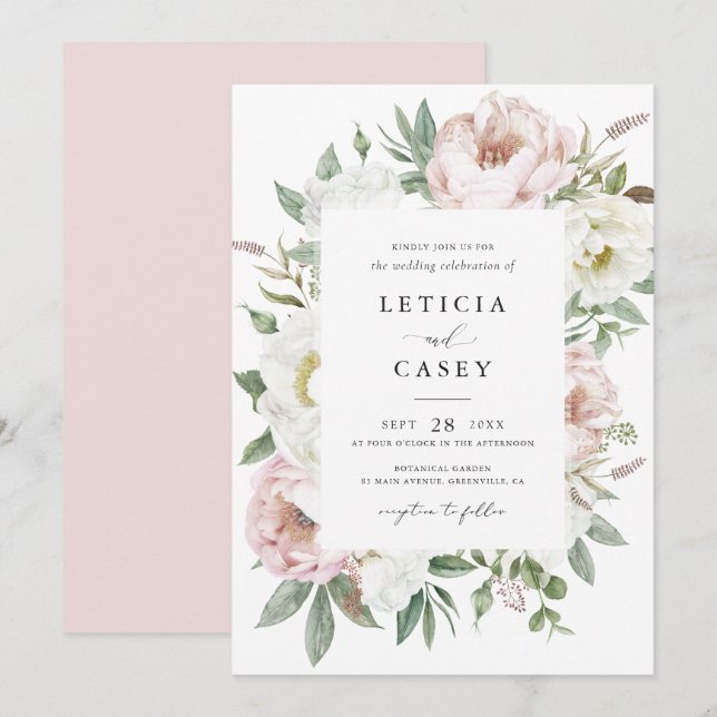Floral Blush White Peony Frame Elegant Wedding Invitation (Front/Back)