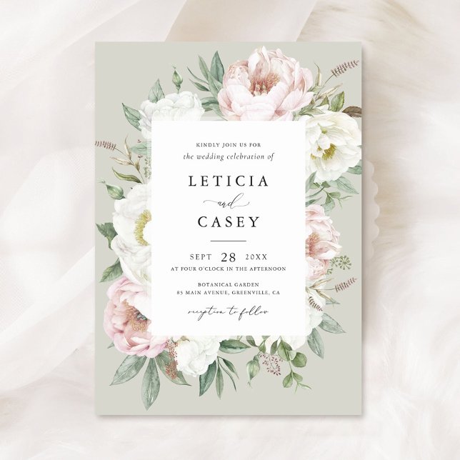 Floral Blush White Peony Frame Elegant Wedding Invitation (Creator Uploaded)