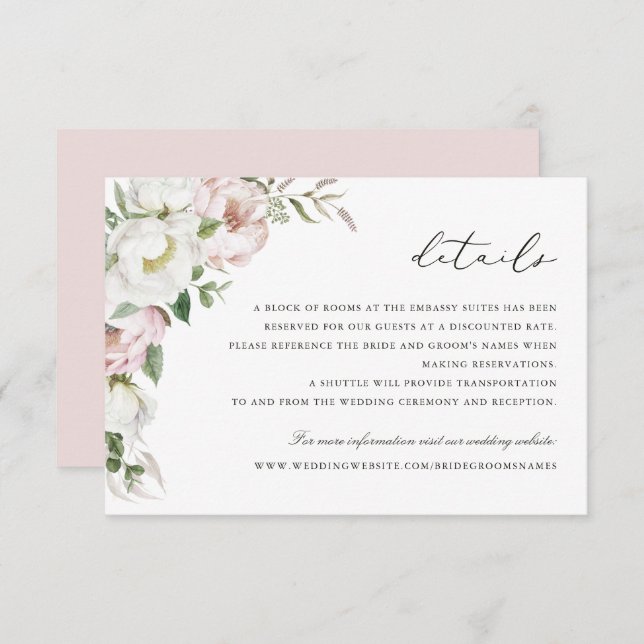 Floral Blush White Peony Greenery Details Insert Invitation (Front/Back)