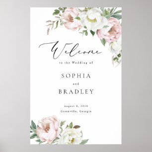 Floral Blush White Peony Leaf Wedding Welcome Sign
