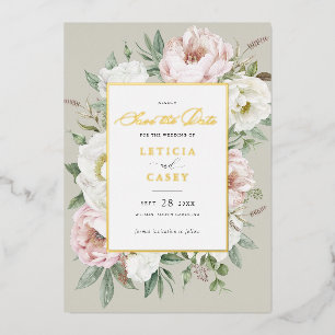 Floral Blush White Peony Rose Foil Save the Date