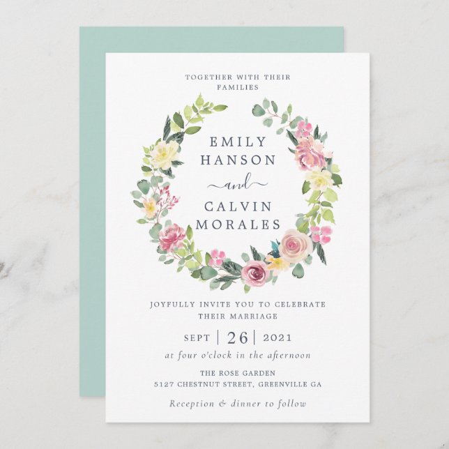 Floral Blush Yellow Greenery Leaf Elegant Wreath Invitation (Front/Back)