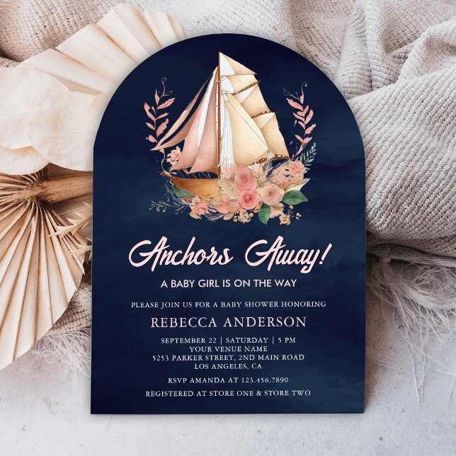 Floral Boat Nautical Girl Navy Arch Baby Shower Invitation (Creator Uploaded)