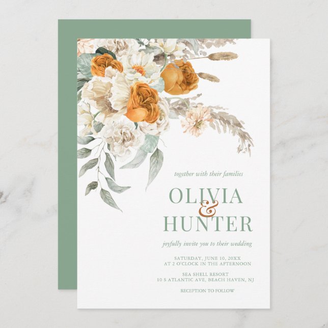 Floral Bohemian Modern Sage Green Wedding  Invitation (Front/Back)