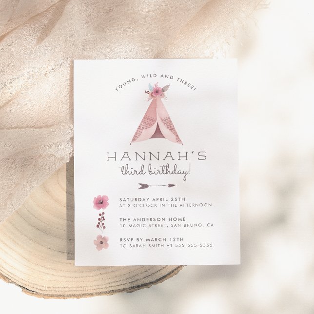 Floral Bohemian Teepee Young Wild & Three Birthday Invitation Postcard (Creator Uploaded)