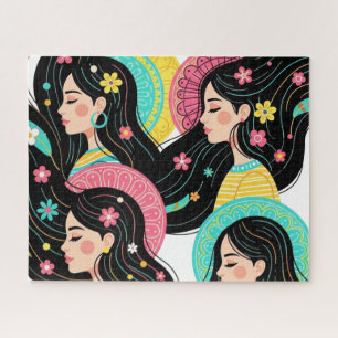 Floral Bohemian Women Illustration Art Print Jigsaw Puzzle