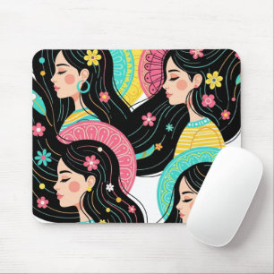 Floral Bohemian Women Illustration Art Print Mouse Pad