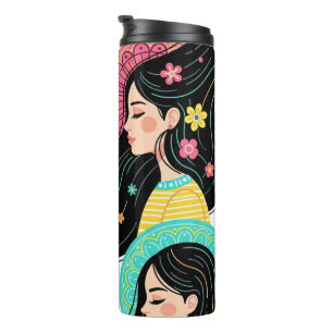 Floral Bohemian Women Illustration Art Print Thermal Tumbler
