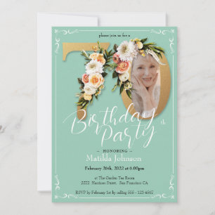 Floral Boho 70th Birthday Mint Gold Custom Photo Invitation